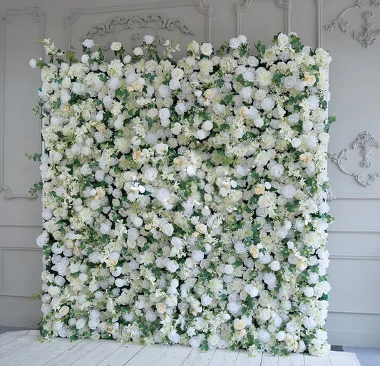 The Sophia Flower Wall rental features white roses, white hydrangeas, eucalyptus, white dhalias with a light airy feel.