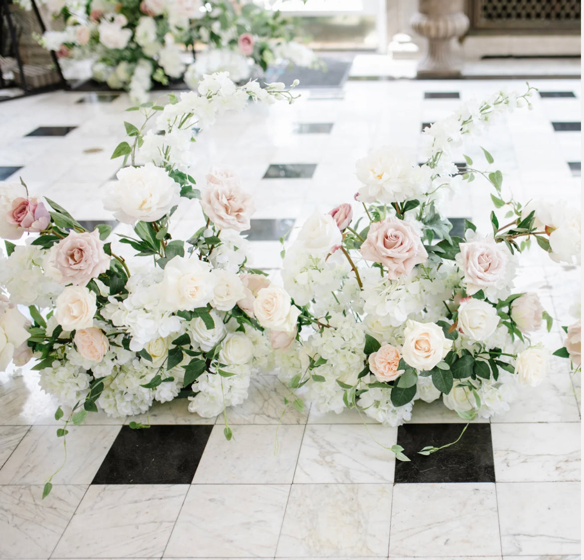 These aisle flowers are made with beautiful soft blush garden roses, ballet pink dahlias, soft blush peonies, white garden roses, white playa blanca roses, blush ranunculus, mauve roses, ivory hydrangeas, blush sweet pea's, white ranunculus, and white delphinium, with touches of eucalyptus, peach juliet garden roses, and clematis. 