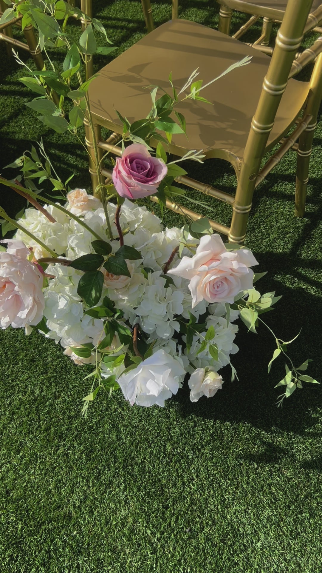 These aisle flowers are made with beautiful soft blush garden roses, ballet pink dahlias, soft blush peonies, white garden roses, white playa blanca roses, blush ranunculus, mauve roses, ivory hydrangeas, blush sweet pea's, white ranunculus, and white delphinium, with touches of eucalyptus, peach juliet garden roses, and clematis. 