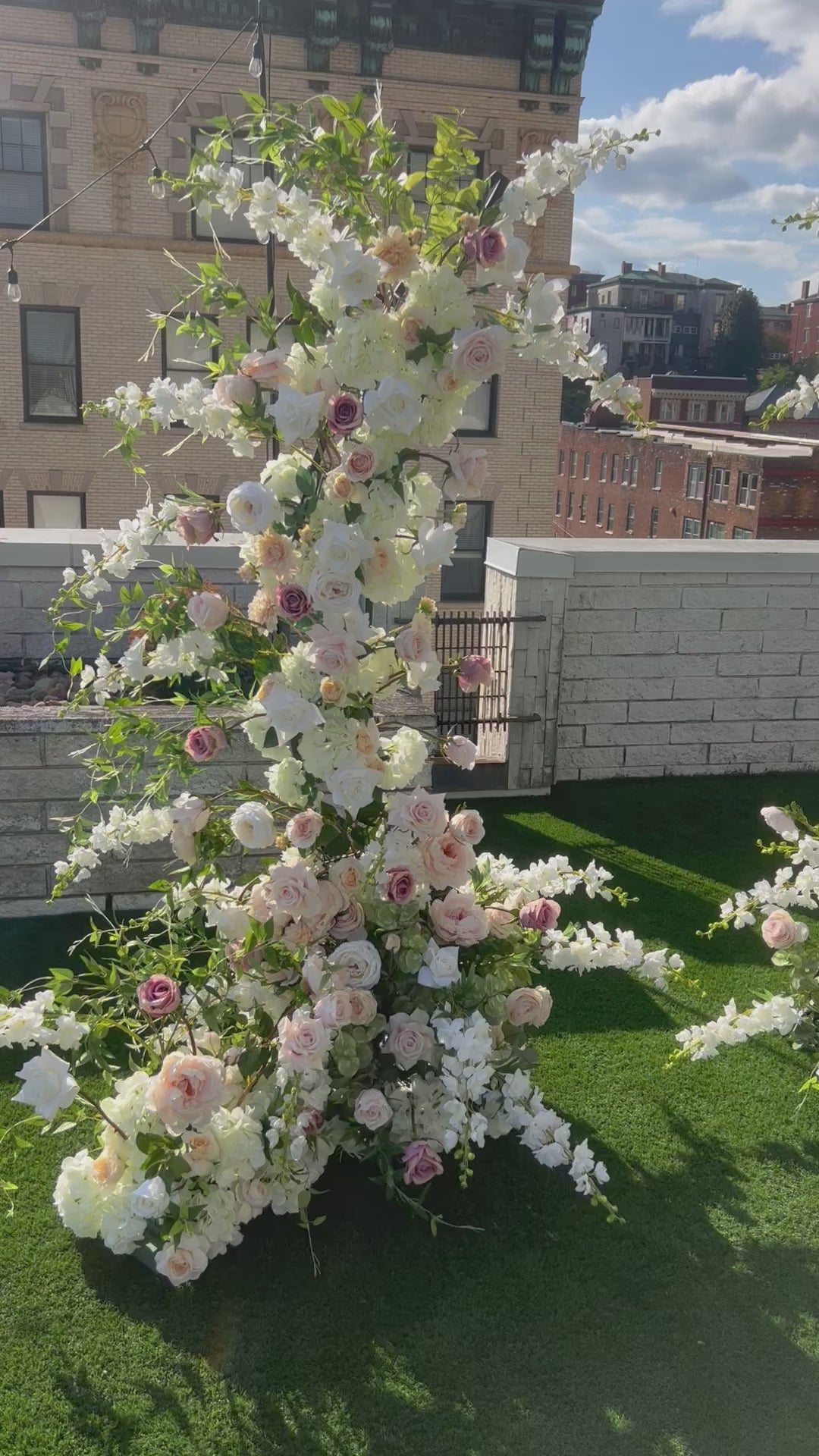 Pillars are made with beautiful soft blush garden roses, ballet pink dahlias, soft blush peonies, white garden roses, white playa blanca roses, blush ranunculus, mauve roses, ivory hydrangeas, blush sweet pea's, white ranunculus, and white delphinium, with touches of eucalyptus, peach juliet garden roses, and clematis. 